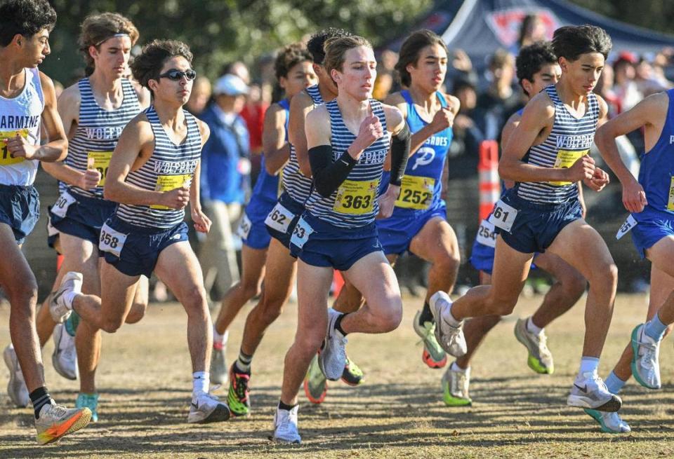 Members of the Clovis East cross country team, including top runner Carter Spradling, center, start off on the course during the boys Division I state cross country championships at Woodward Park in Fresno on Saturday, Nov. 25, 2023.