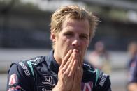 Marcus Ericsson, of Sweden, reacts after qualifying for the Indianapolis 500 auto race at Indianapolis Motor Speedway, Sunday, May 19, 2024, in Indianapolis. (AP Photo/Darron Cummings)