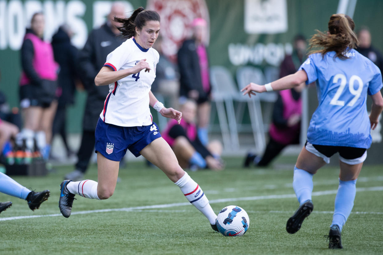 Michela Collins and Sarah Griffith ace off during a game between Chicago Red Stars and USWNT U-23 at Providence Park on March 5, 2022 in Portland, Oregon. (Photo by Amanda Loman/ISI Photos/Getty Images)