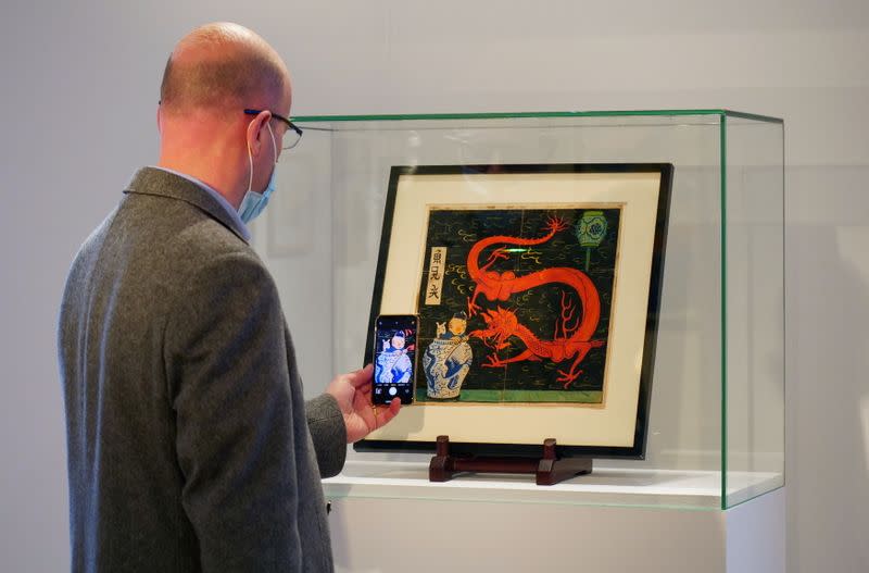 Painting for the original cover of "The Blue Lotus" Tintin comic book auctioned by Artcurial in Paris