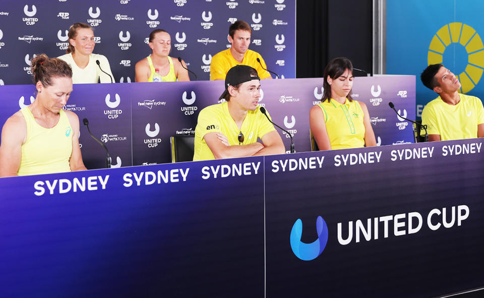 Alex De Minaur and the Aussie team, pictured here speaking to the media before the United Cup.