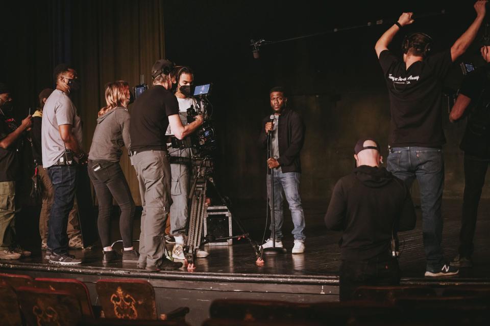 Comedian Kevin Hart with a crew from Wilmington's Lighthouse Films shooting the documentary "Hart Of It All," which can be streamed on Peacock.