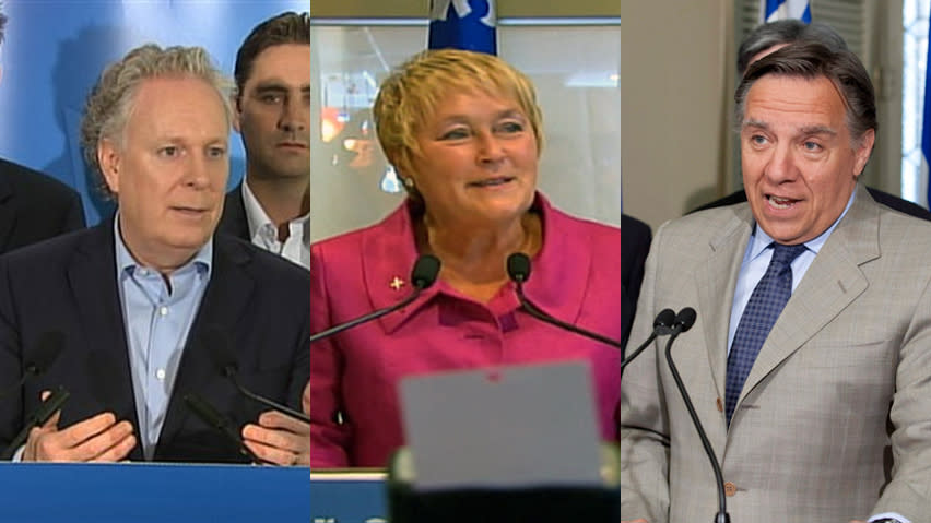 Premier Jean Charest, left, will be shoring up his prospects in his home riding, while Pauline Marois is in the Montreal area and François Legault heads to Rivière-du-Loup.