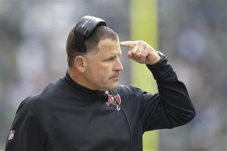 Nov 3, 2013; Seattle, WA, USA; Tampa Bay Buccaneers head coach Greg Schiano walks the sideline during the second quarter against the Seattle Seahawks at CenturyLink Field. Joe Nicholson-USA TODAY Sports