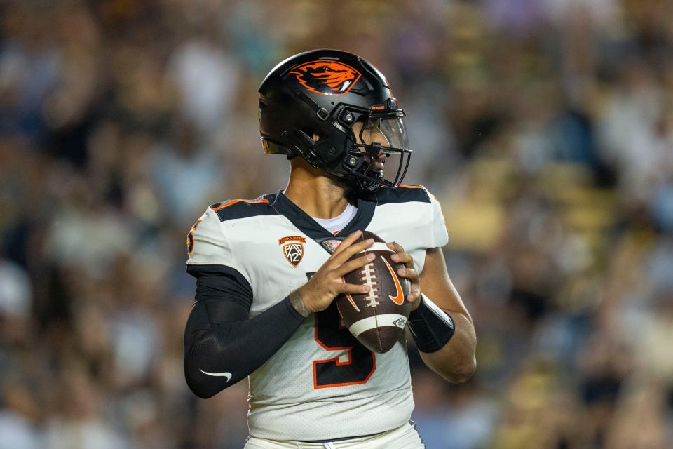 October 7, 2023; Berkeley, California, USA; Oregon State Beavers quarterback DJ Uiagalelei (5) looks for a receiver during the first quarter against the California Golden Bears at California Memorial Stadium. Mandatory Credit: Kyle Terada-USA TODAY Sports