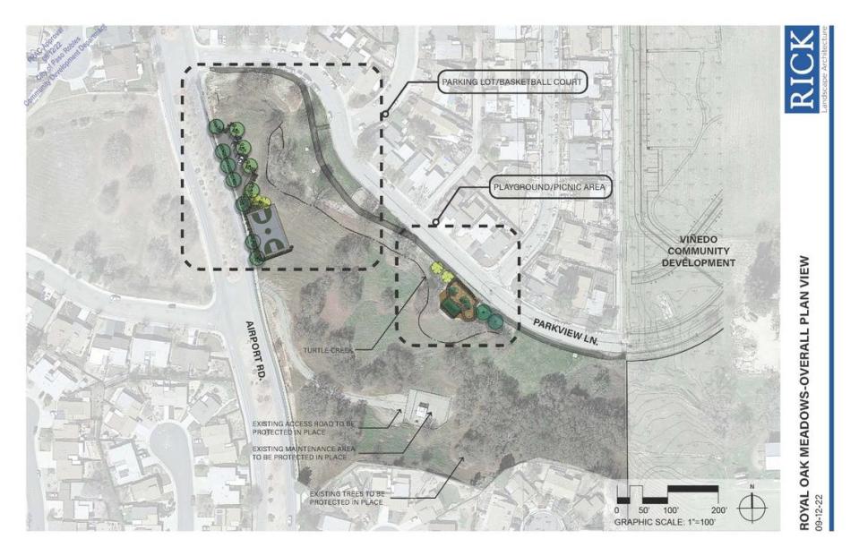 A map shows the plans for a new basketball court and a playground/picnic area at Royal Oak Meadows Park in Paso Robles.