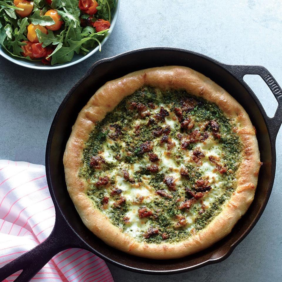 21. Sausage and Kale Pesto Pizza with Blistered Tomato-Arugula Salad