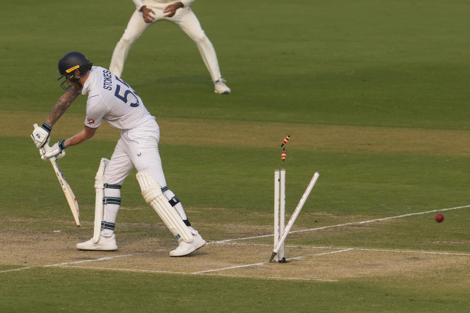 England's captain Ben Stokes clean bold by India's Jasprit Bumrah on the second day of the second test match between India and England, in Visakhapatnam, India, Saturday, Feb. 3, 2024. (AP Photo/Manish Swarup)