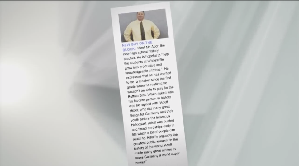 Jeff Acor, a history teacher at Whitesville Central School, is quoted as praising Adolf Hitler in the school yearbook. (Screenshot: WIVB)