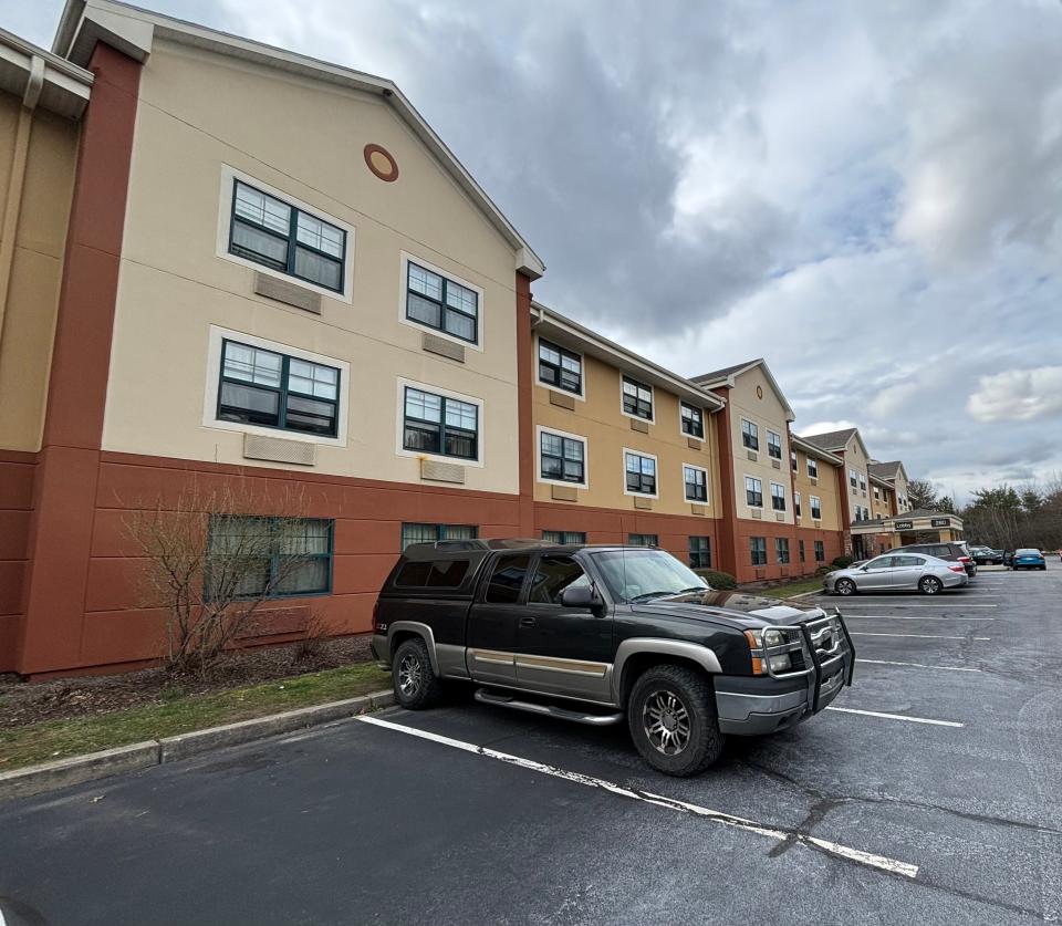 The Extended Stay America hotel in Norton, seen here on Friday, April 12, 2024, has been housing nearly two dozen families in cooperation with the state's Emergency Assistance shelter program.
