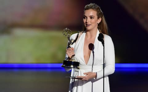 Actress Jodie Comer accepts the award for Outstanding Lead Actress In A Drama Series for Killing Eve - Credit: AFP