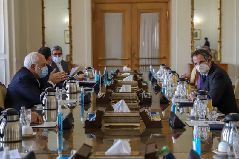 Iran's Foreign Minister Mohammad Javad Zarif meets with International Atomic Energy Agency (IAEA) Director General Rafael Grossi in Tehran