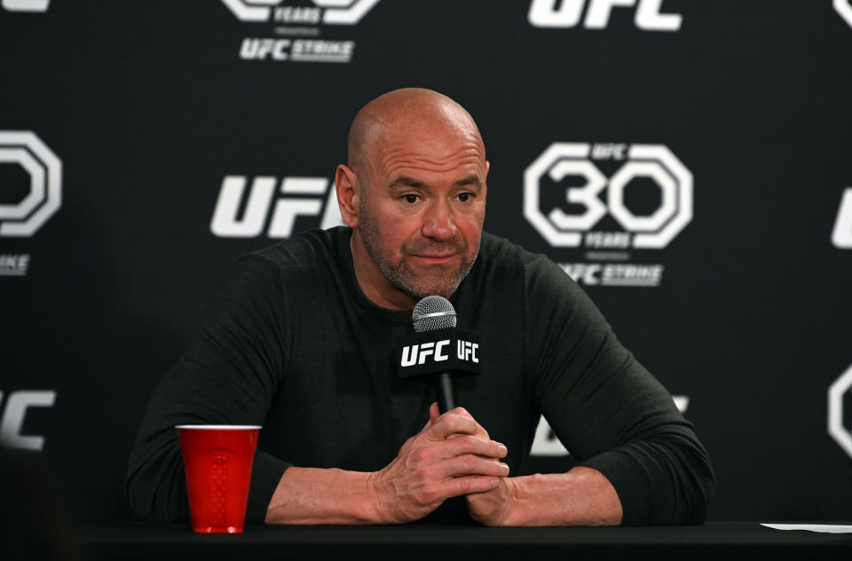 AUSTIN, TX - DECEMBER 02: UFC president Dana White conducts a post fight press conference after UFC Fight Night on December 2, 2023, at The Moody Center in Austin, TX. (Photo by John Rivera/Icon Sportswire via Getty Images)