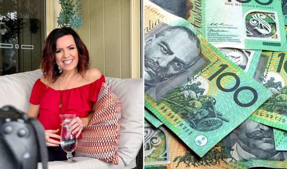 Compilation image of Nicole Pedersen-McKinnon and a pile of Australian $100 notes to represent savings