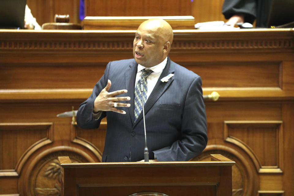 South Carolina Sen. Gerald Malloy, D-Hartsville, speaks during a debate over transgender athletes playing sports on Tuesday, May 3, 2022, in Columbia, S.C. (AP Photo/Jeffrey Collins)