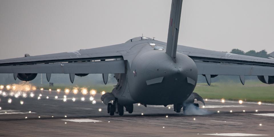 An RAF C-17 plane seen at RAF Brize Norton air base in the UK on August 29, 2021.