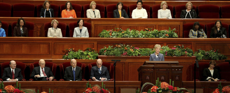 Sister Jean Bingham, Relief Society General President, speaks during the general women's session of the 188th Semiannual General Conference of The Church of Jesus Christ of Latter-day Saints held in the Conference Center in downtown Salt Lake City, Utah, Saturday, Oct. 6, 2018. (Laura Seitz/The Deseret News via AP)