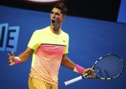 Thanasi Kokkinakis of Australia reacts during his men's singles second round match against compatriot Sam Groth at the Australian Open 2015 tennis tournament in Melbourne January 21, 2015. REUTERS/Athit Perawongmetha (AUSTRALIA - Tags: SPORT TENNIS)