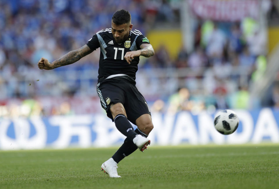 <p>Argentina’s Nicolas Otamendi gets an attacking going in Moscow </p>