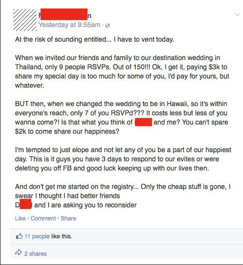 Eine Freundin der Braut postet einen Screenshot des Facebook-Posts auf Reddit. (Bild: Screenshot/Reddit)
