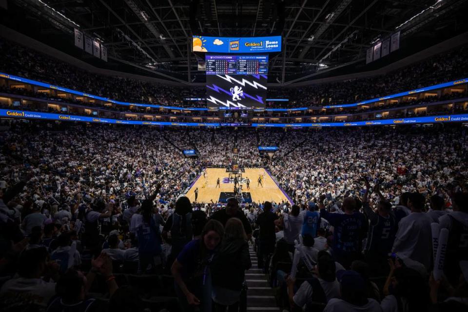Sacramento Kings fans cheer as they play the Golden State Warriors during the second half of Game 1 of the first-round NBA basketball playoff series at Golden 1 Center on Saturday, April 15, 2023.