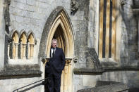 Britain's Prince Andrew attends the Sunday service at the Royal Chapel of All Saints at Royal Lodge, Windsor, following the announcement of Prince Philip, in England, Sunday, April 11, 2021. Britain's Prince Philip, the irascible and tough-minded husband of Queen Elizabeth II who spent more than seven decades supporting his wife in a role that mostly defined his life, died on Friday. (Steve Parsons/Pool Photo via AP)