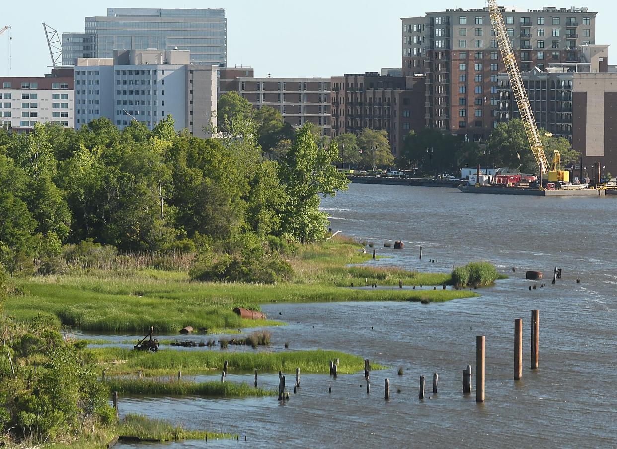 Views of downtown Wilmington from along the west bank Cape Fear River and the  Battleship Tuesday May 10, 2022 in Wilmington, N.C.