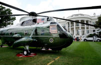 <p>U.S.-made products from all 50 states including Marine Corps VH-3 Sea King, operating as Marine One from Sikorsky, are on display on the South Lawn of the White House as part of a “Made in America” product showcase event in Washington, D.C., July 17, 2017. (Olivier Douliery/AFP/Getty Images) </p>