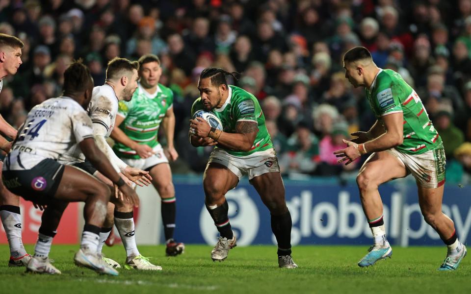 Solome Kata of Leicester Tigers charges upfield during the Gallagher Premiership Rugby match between Leicester Tigers and Saracens at Mattioli Woods Welford Road Stadium on January 06, 2024 in Leicester, England