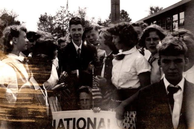 <p>Courtesy of the Cashore Family</p> William J. Cashore and fellow students with 1954 National Spelling Bee trophy