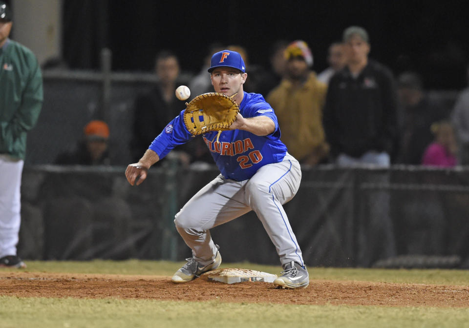 27 February 2016: University of Florida infielder Peter Alonso (20) plays against the University of Miami at Alex Rodriguez Park at Mark Light Field, Coral Gables, Florida, in Miami's 5-3 victory. (Photo by Richard C. Lewis/Icon Sportswire) (Photo by Richard Lewis/Corbis via Getty Images)