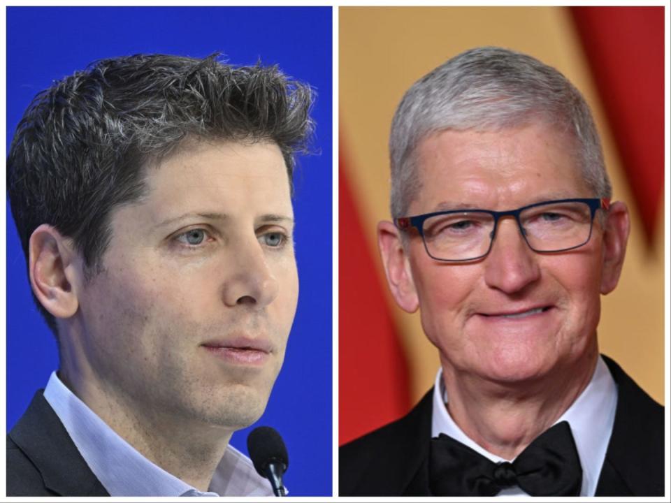 Sam Altman and Tim Cook in separate photos