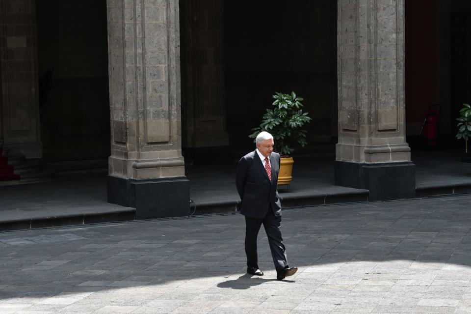 Mexico's President Andres Manuel Lopez Obrador walks before the arrival of his Colombian counterpart Ivan Duque, at the National Palace in Mexico City on March 10, 2020. (Photo by RODRIGO ARANGUA / AFP) (Photo by RODRIGO ARANGUA/AFP via Getty Images)