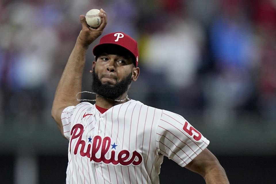 Philadelphia Phillies relief pitcher Seranthony Dominguez throws during the ninth inning in Game 3 of the baseball NL Championship Series between the San Diego Padres and the Philadelphia Phillies on Friday, Oct. 21, 2022, in Philadelphia. (AP Photo/Brynn Anderson)