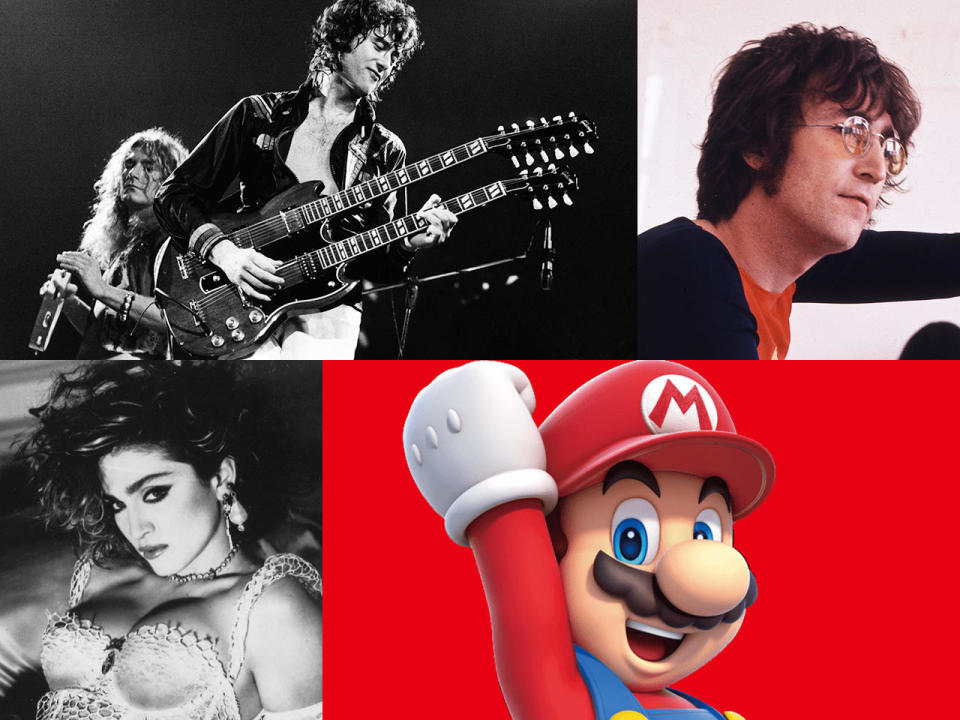 Robert Plant and Jimmy Page of Led Zeppelin; John Lennon; Madonna; and Super Mario Bros. / Credit: Robert Knight Archive/Redferns via Getty; Michael Putland/Getty Images; Sire Record/Warner Brothers; Nintendo