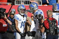Detroit Lions wide receiver Amon-Ra St. Brown (14) celebrates his 27-yard touchdown reception with Brock Wright (89) during the first half of an NFL football game against the Tampa Bay Buccaneers Sunday, Oct. 15, 2023, in Tampa, Fla. (AP Photo/Jason Behnken)