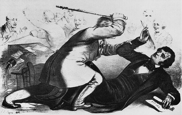 South Carolina Rep. Preston Brooks attacks Massachusetts Sen. Charles Sumner in the U.S. Senate chambers on May 22, 1856.