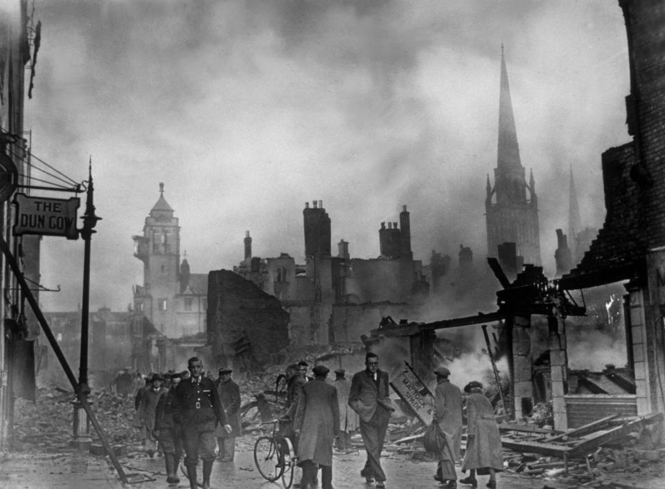 circa 1940:  The morning after a bombing raid on Coventry.  (Photo by Fox Photos/Getty Images)