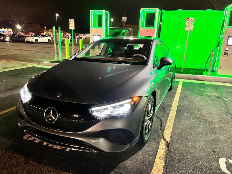 2023 Mercedes EQE 350 4Matic electric luxury sedan charging at a 350kW Electrify America kiosk in Cincinnati.