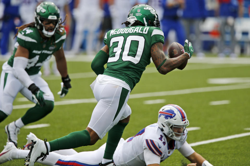 New York Jets strong safety Bradley McDougald (30) recovers a fumble by Buffalo Bills quarterback Josh Allen (17) during the first half of an NFL football game in Orchard Park, N.Y., Sunday, Sept. 13, 2020. (AP Photo/John Munson)