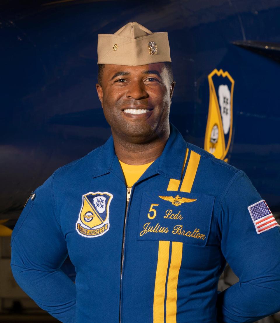 Lieutenant Commander Julius Bratton is the lead solo and pilots the No. 5 jet for the 2023 Blue Angels team.