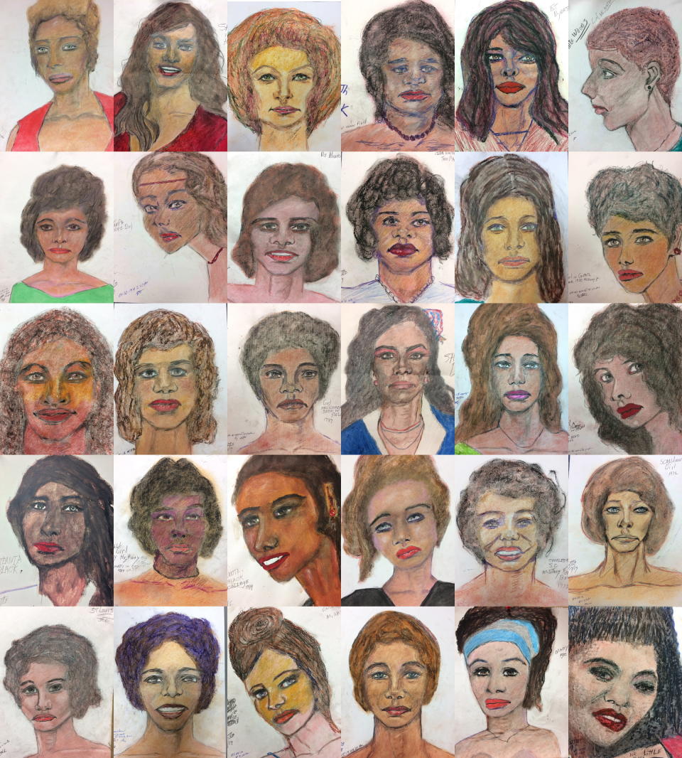 An undated composite handout photo shows 30 drawings of some of Samuel Little's victims. Source: AAP