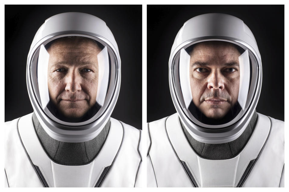 This combination of undated photos made available by SpaceX shows NASA astronauts Doug Hurley, left, and Bob Behnken in their spacesuits at SpaceX headquarters in Hawthorne, Calif. On Wednesday, May 27, 2020, They are scheduled to board a SpaceX Dragon capsule atop a SpaceX Falcon 9 rocket and, equipment and weather permitting, shoot into space. It will be the first astronaut launch from NASA’s Kennedy Space Center since the last shuttle flight in 2011. (SpaceX via AP)