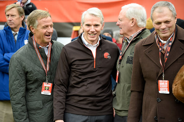 CLEVELAND, OHIO – NOVEMBER 24: Former Tennessee governor Bill Haslam (L), Ohio Republican Senator Rob Portman (C) and team owner Jimmy Haslam (2R) talk on the sidelines prior to the game against the Miami Dolphins at FirstEnergy Stadium on November 24, 2019 in Cleveland, Ohio. (Photo by Jason Miller/Getty Images)