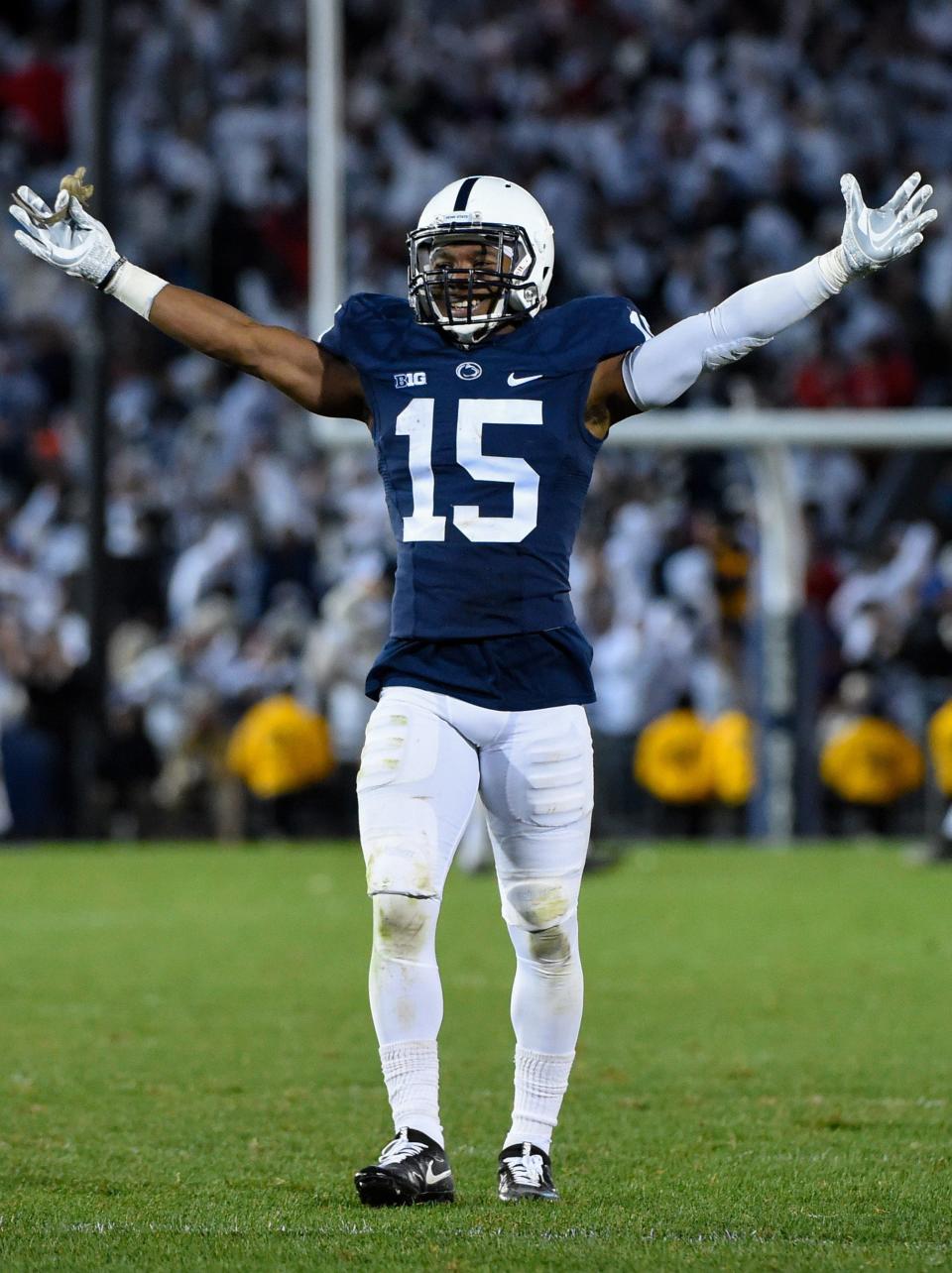 Oct 22, 2016; University Park, PA, USA; Penn State Nittany Lions cornerback Grant Haley (15) reacts against the Ohio State Buckeyes during the fourth quarter at Beaver Stadium. Penn State defeated Ohio State 24-21. Mandatory Credit: Rich Barnes-USA TODAY Sports