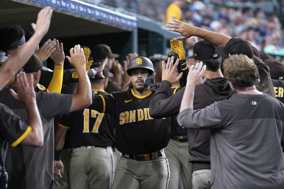 San Diego Padres' Luis Campusano celebrates his three-run home run against the Detroit Tigers in the eighth inning of a baseball game, Saturday, July 22, 2023, in Detroit. (AP Photo/Paul Sancya)