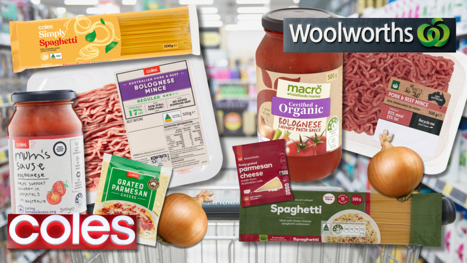 Grocery items needed to make a spaghetti bolognese, showcasing different Coles and Woolworths branded products.