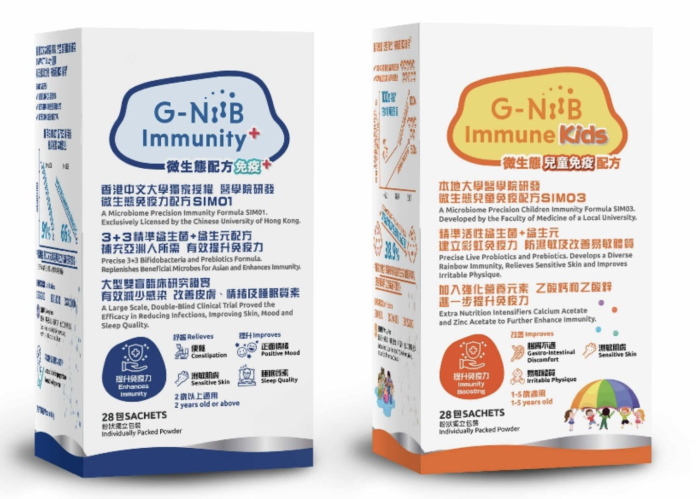 G-NiiB GenieBiome核心王牌產品微生態配方免疫+ SIM01 (G-NiiB Immunity)（左）及微生態兒童免疫配方 SIM03 (G-NiiB Immune Kids)（右）。