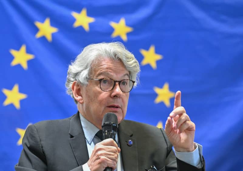 Thierry Breton, EU Commissioner for Internal Market and Services, speaks at the event "Economic transformation, Net-Zero Valley and digitalization" at DOCK3 on the border of Saxony and Brandenburg. Patrick Pleul/dpa