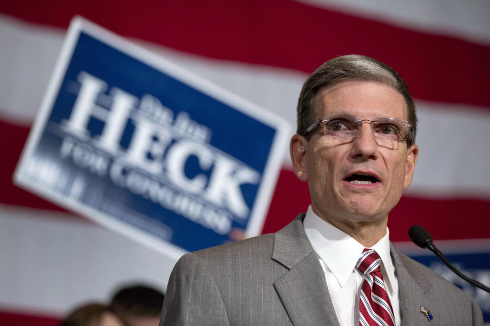 Rep. Joe Heck (R-Nev.) gives a victory speech after winning re-election to the House of Representatives over Democratic challenger John Oceguera, Tuesday, Nov. 6, 2012, in Las Vegas. (AP Photo/Julie Jacobson)